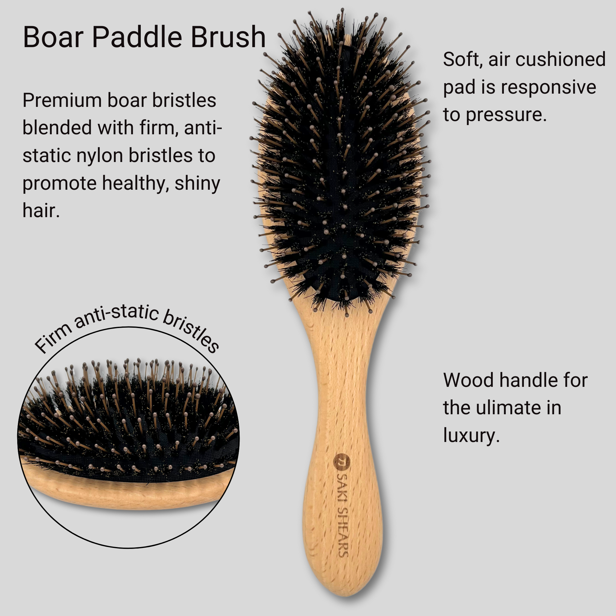 Boar Hair and Nylon Bristle Paddle Brush With Natural Wood Handle